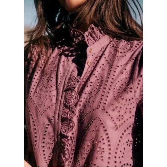 SEZANE Purple Wisteria Eyelet Ruffle Button Down Shirt Scalloped Chlo Blouse Top - Picture 6 of 14